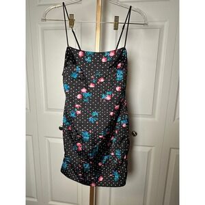 For Love &‎ Lemons Floral Polka Dot Mini Dress XS Ruched Bodycon Black